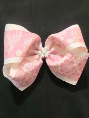 Pink Floral Paisley Girls Hair Bow with Pearl Center